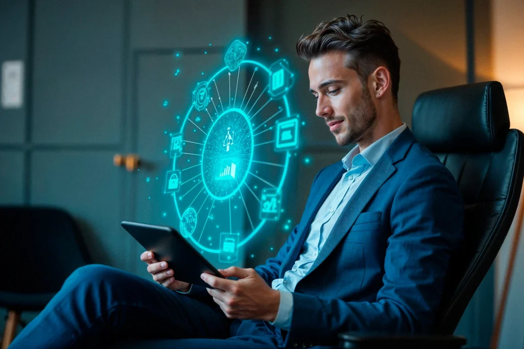 Business professional using AI-powered technology to enhance expertise, productivity, and decision-making