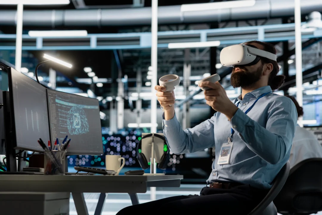 Professional using virtual reality technology in a high-tech workplace to develop future workforce skills and expertise.